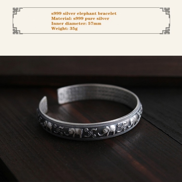 Unisex Engraved Elephant Bracelet 999 Pure Silver Cuff - Picture 14 of 14